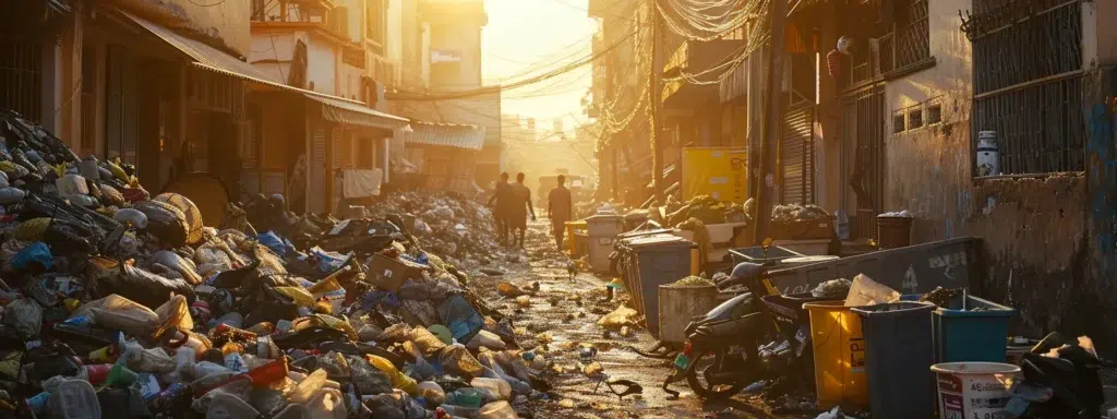 A vibrant urban scene showcasing a community actively engaged in a thorough clean-up, with overflowing trash bins being managed and residents using sealed containers for food, all illuminated by bright sunlight to highlight efforts in deterring rodent activity.