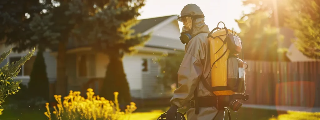 A pest control technician in sleek protective gear carefully applies a safe treatment solution in a bright, sunlit backyard, ensuring effective pest management while prioritizing the safety of residents and pets.