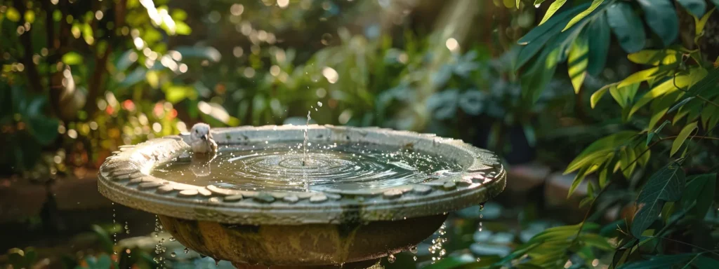 a serene backyard scene featuring a crystal-clear birdbath surrounded by vibrant greenery, showcasing effective water management practices to deter mosquito breeding.