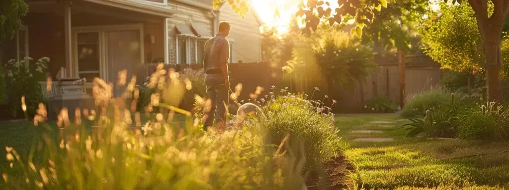 a serene suburban backyard showcases a well-maintained garden, free of pests, with a professional pest control technician calmly inspecting the area under warm, golden sunlight, symbolizing effective and environmentally conscious pest management.