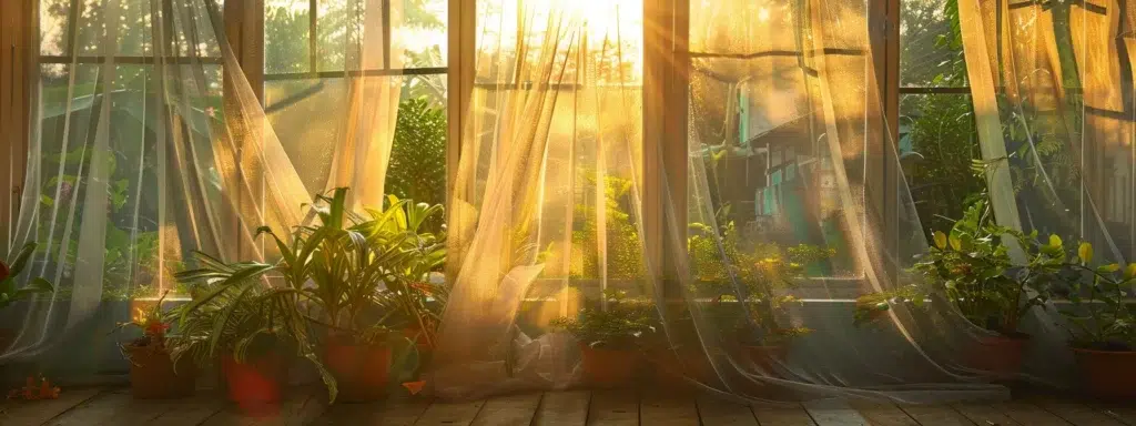 a serene outdoor space features a vibrant garden with lush greenery and strategically placed mosquito nets, complemented by windows adorned with crisp screens, all basking in golden sunlight to convey a peaceful refuge from unwanted pests.