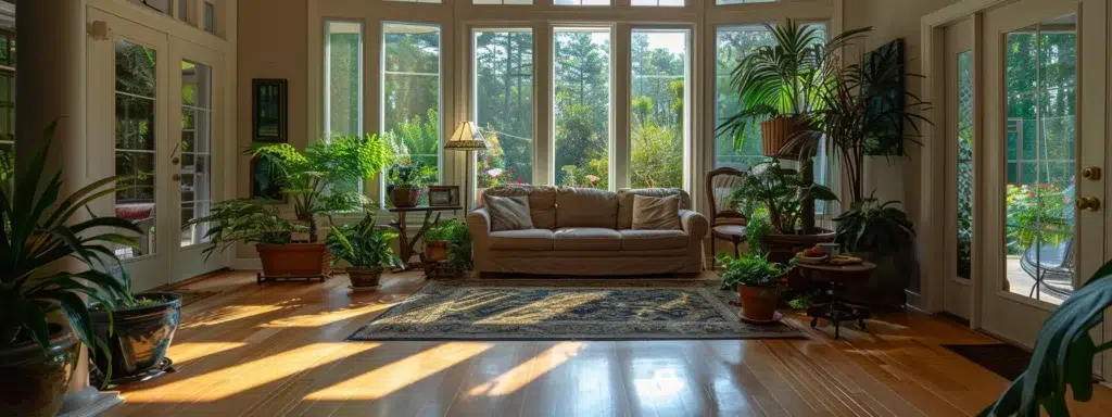 a serene, well-maintained home interior bathed in warm, natural light, showcasing a pristine living space free of pests, with vibrant greenery visible through the windows symbolizing a healthy environment.