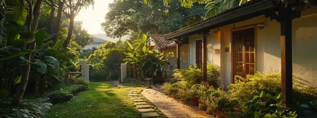 a focused view of a serene suburban home surrounded by lush greenery, with a subtle visual representation of common pests integrated into the environment, highlighting the necessity of effective pest control solutions against an inviting backdrop.