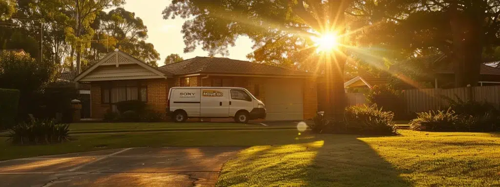 a serene suburban home surrounded by a well-maintained garden, subtly showcasing a pest control service van parked nearby, with the golden glow of sunset casting warm light to symbolize cost-effective and reliable pest management solutions.