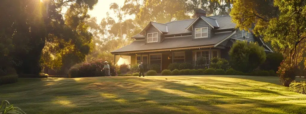 a serene suburban home bathed in golden morning light, showcasing a professional pest inspector analyzing the foundation for signs of invasion amidst a well-maintained garden.