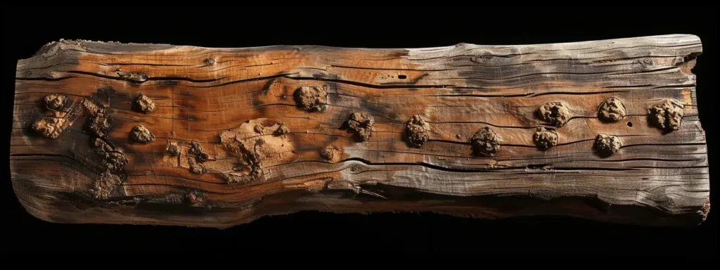 a stark and detailed close-up of a wooden beam showcasing intricate signs of termite damage, illuminated by soft, natural lighting to emphasize the textures and severity of the infestation.