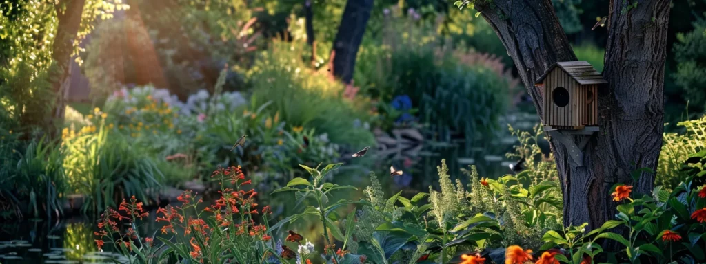 a vibrant garden thriving with native plants, showcasing a bat house on a tree while colorful birds and beneficial insects flit about, symbolizing the harmonious ecosystem that controls mosquito populations.