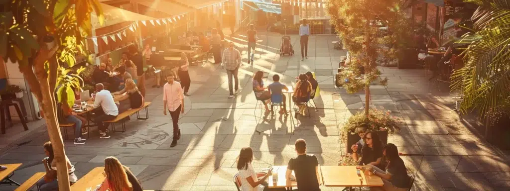 A dynamic urban landscape featuring a diverse group of community members engaged in a vibrant discussion, surrounded by clear visual indicators of effective rodent management strategies, illuminated by warm afternoon sunlight.