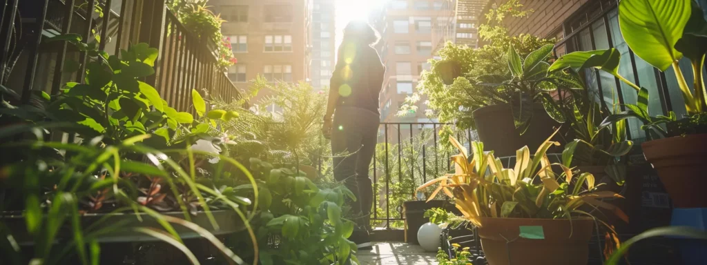 a vibrant, sunlit urban scene captures a knowledgeable exterminator inspecting a residential property in a long island city neighborhood, surrounded by lush plants and eco-friendly pest control products, conveying trust and effective pest management.