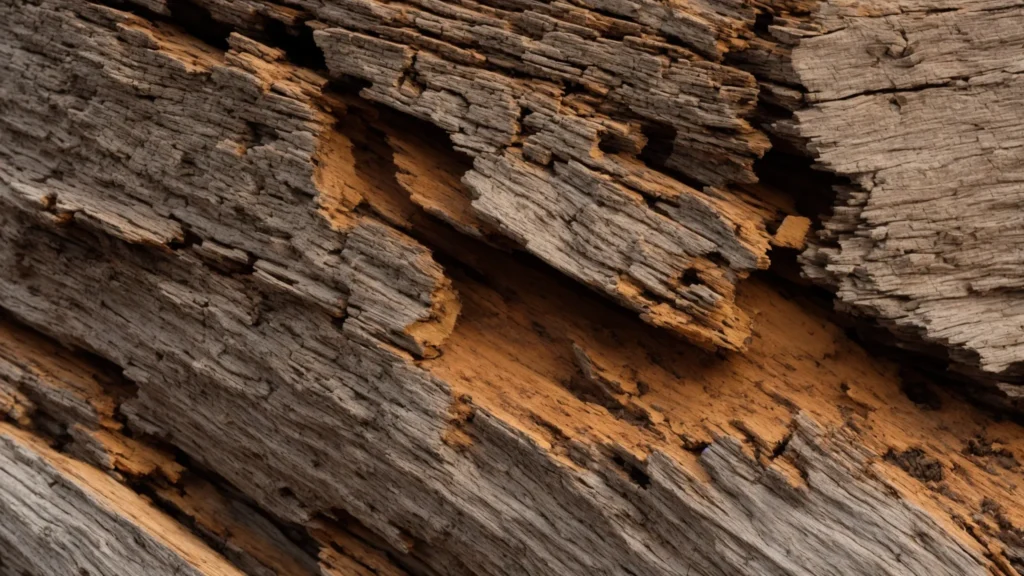 A dramatic close-up of a decaying wooden beam infested with wood-destroying beetles, illuminated by soft, focused light, highlighting the structural damage in contrast to a clean, pest-free section of the property in the background.