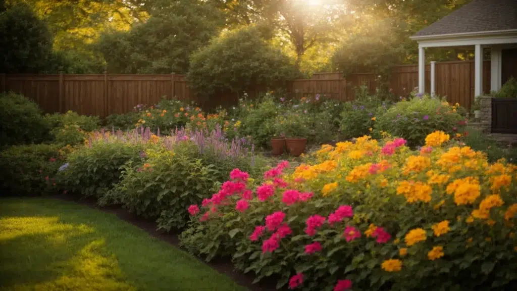 A vibrant Rhode Island backyard featuring lush gardens with colorful flowers, strategically placed organic pest control barriers, and golden sunlight highlighting effective pest prevention strategies.