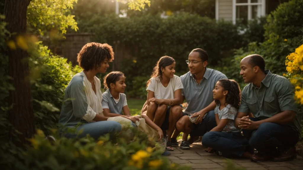 A vibrant family gathered in a lush Rhode Island yard, actively discussing pest awareness while examining signs of infestation under warm, golden sunlight, conveying a strong sense of collaboration and outdoor safety.