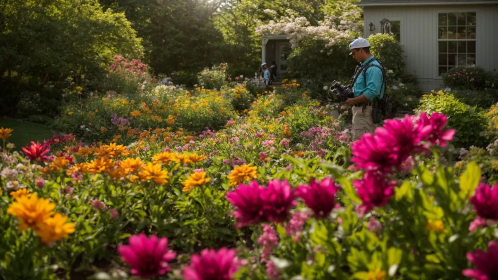 A vibrant Rhode Island garden in full bloom, with flourishing flowers under bright sunlight, as a pest control technician carefully inspects the area for potential issues.