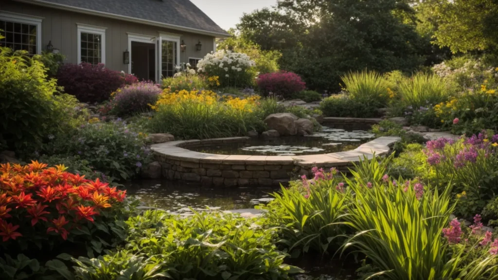 A meticulously landscaped yard in Rhode Island featuring vibrant plants and flowers alongside strategically placed standing water features, emphasizing potential pest vulnerabilities under soft afternoon sunlight.