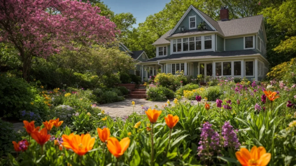 A vibrant spring garden in Rhode Island, filled with lush greenery and colorful flowers, featuring a homeowner diligently monitoring for pests with tools and natural pest control elements.