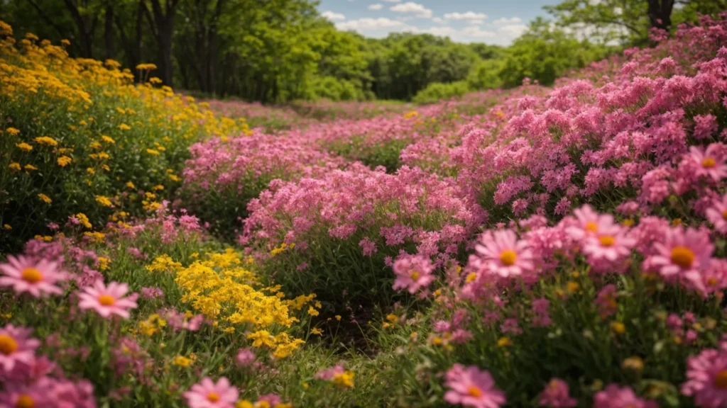 A vibrant spring landscape in Rhode Island, teeming with blooming flowers and visible common pests like ants and mosquitoes, emphasizing the need for effective pest control solutions.