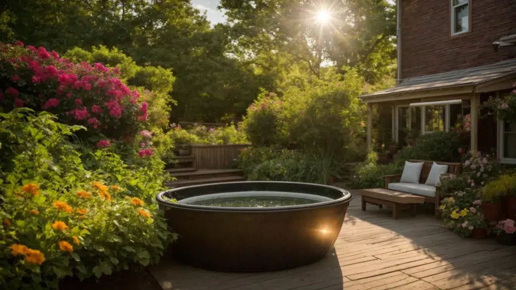 A vibrant Rhode Island yard bathed in warm afternoon sunlight, featuring lush greenery and blooming flowers, symbolizing an effective routine pest control treatment for a thriving, pest-free environment.