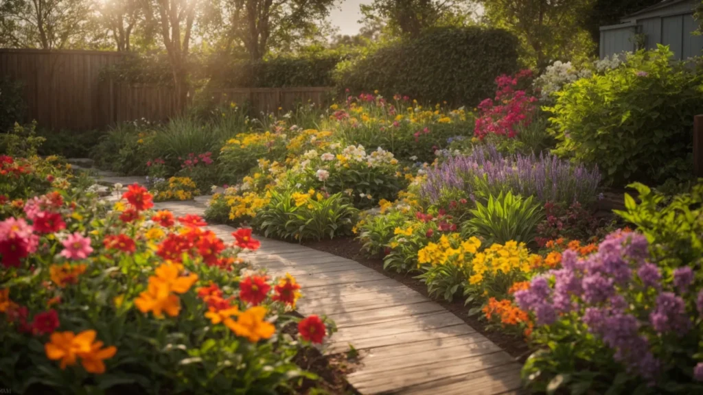 A vibrant spring garden filled with colorful flowers and lush greenery, featuring homemade traps and natural pest control solutions nestled among the plants.